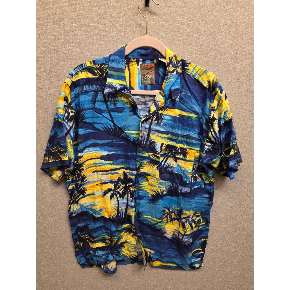 Pineapple Connection Hawaiian Shirt Mens Medium Blue Yellow Tropical Sunset